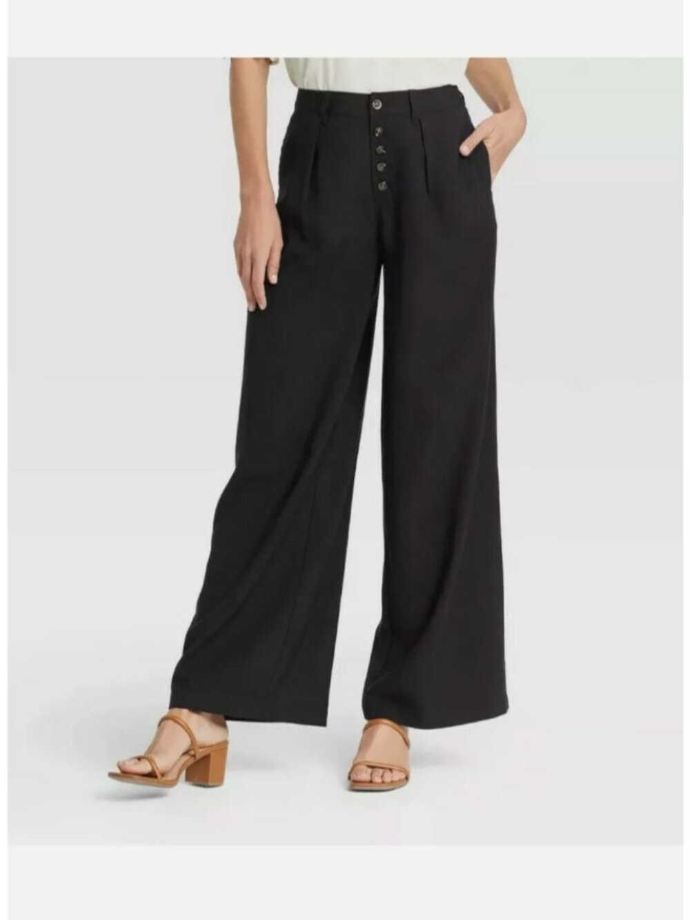 Who What Wear Womens 12 High-Rise Wide Leg Pants Black Button Accent Fly NWT